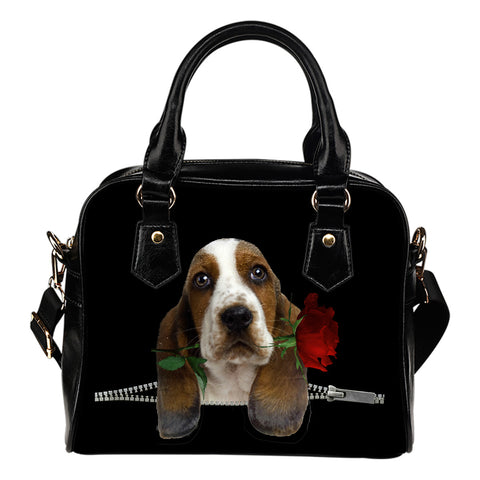 Basset Hound Rose Zipper Shoulder Handbag