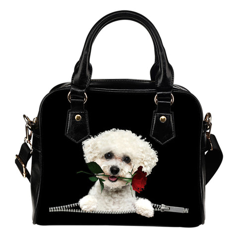 Bichon Frise Rose Zipper Shoulder Handbag