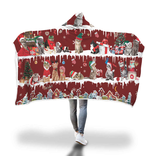 Cat Snow Christmas Hooded Blanket